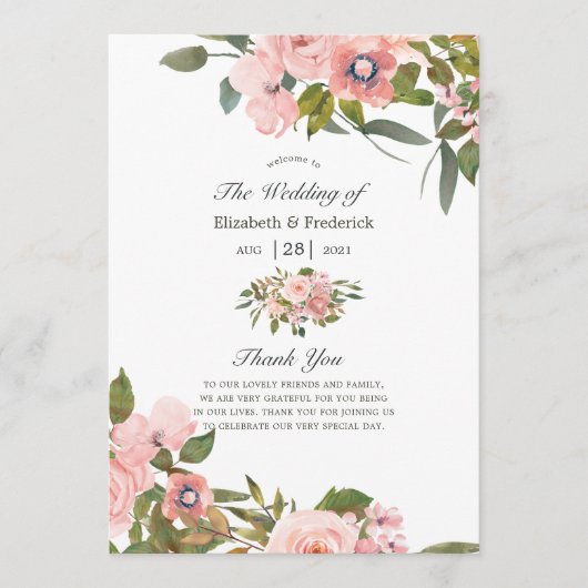 Programme Aquarelle Blush Pink et Rose Gold Rose Mariage (Devant)