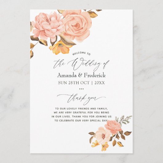 Programme Aquarelle Blush rose et or Mariage Floral (Devant)