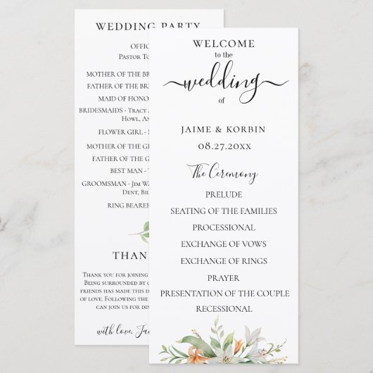 Programme Aquarelle botanique fleurs mariage lis (Devant / Derrière)