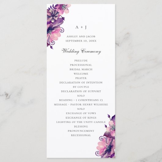 Programme Aquarelle de fleurs violettes et roses. Mariage fl (Devant)