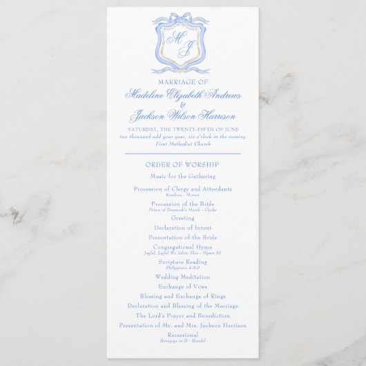Programme Aquarelle Designer Blue Monogram Crest Mariage (Devant)