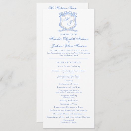 Programme Aquarelle Designer Blue Monogram Crest Mariage (Devant / Derrière)