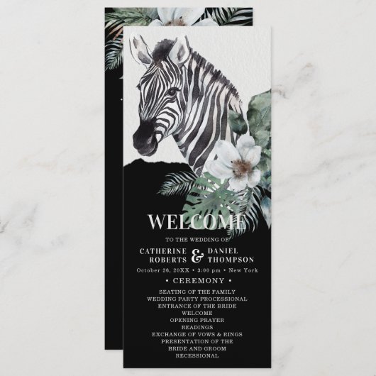 Programme Aquarelle Floral Zebra Safari Mariage (Devant / Derrière)