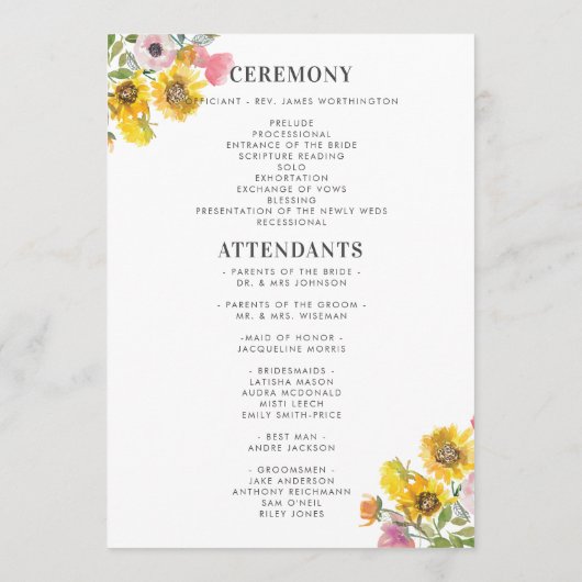 Programme Aquarelle jaune et rose Mariage plat (Dos)
