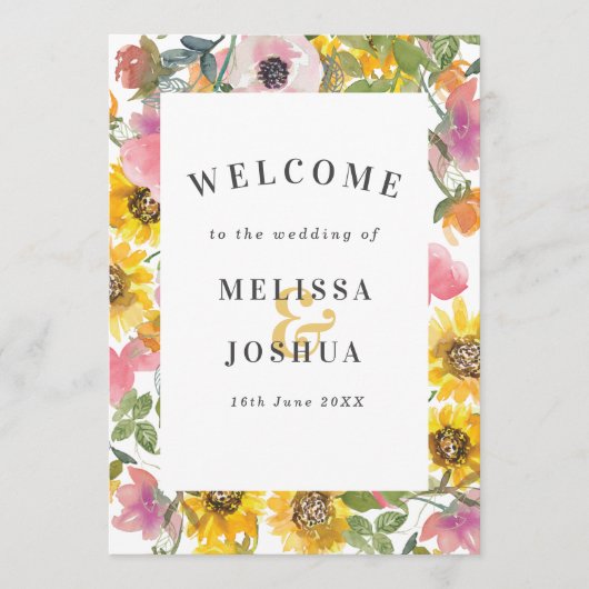 Programme Aquarelle jaune et rose Mariage plat (Devant)