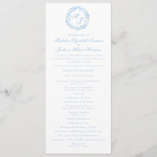 Programme Aquarelle Monogramme bleu Hydrangea Mariage de cou (Devant)