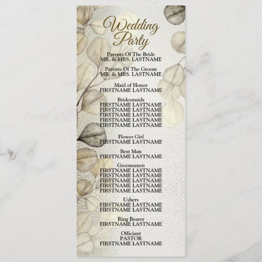 Programme Aquarelle Or Eucalyptus Foliage Mariage brillant (Dos)