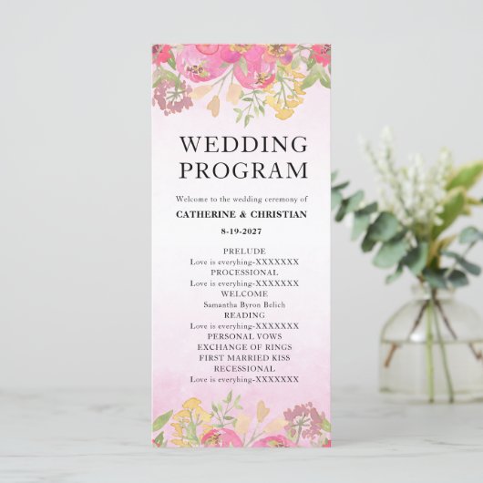 Programme Aquarelle rose floral Mariage plat (Debout devant)