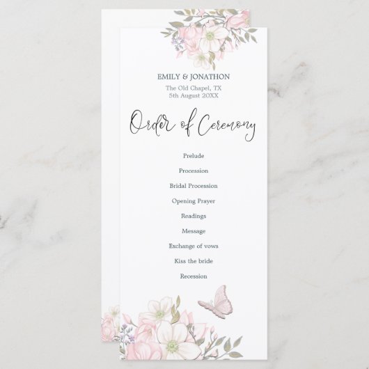 Programme Aquarelle rose Magnolias Mariage de script papillo (Devant / Derrière)