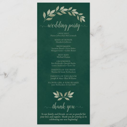 Programme Aquarelle rustique Verdure Élégant Mariage émeraud (Dos)