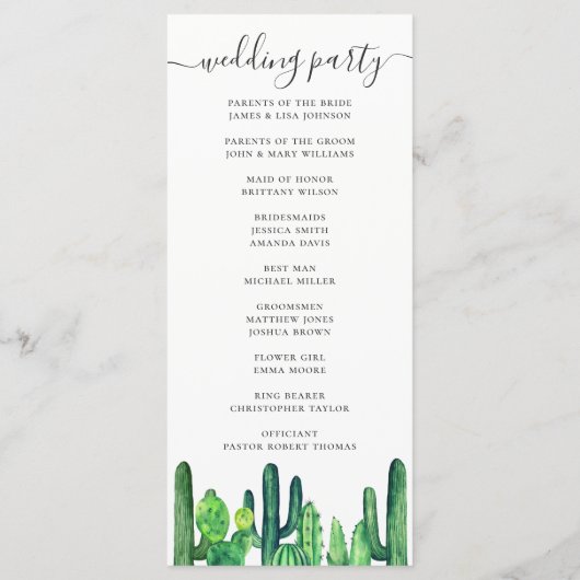 Programme Aquarelle vert cactus et succulents mariage (Dos)