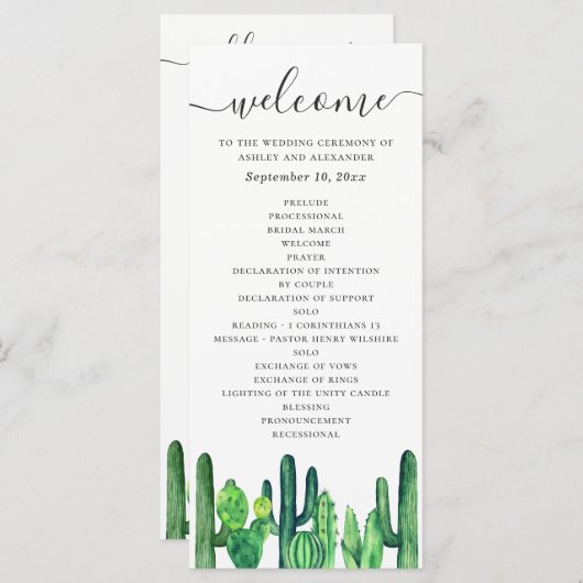 Programme Aquarelle vert cactus et succulents mariage (Devant / Derrière)