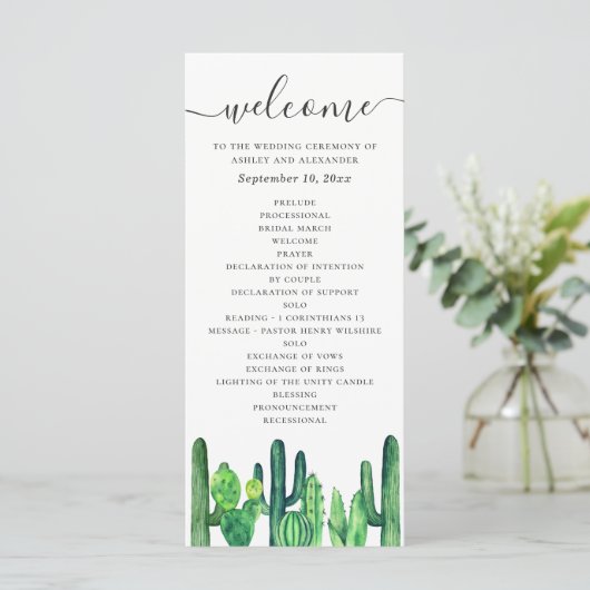 Programme Aquarelle vert cactus et succulents mariage (Debout devant)