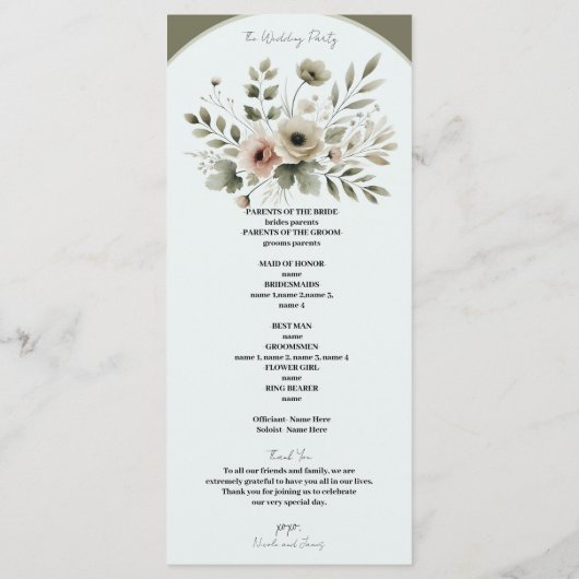 Programme Aquarelle vert d'olive kaki Mariage de fleurs (Dos)