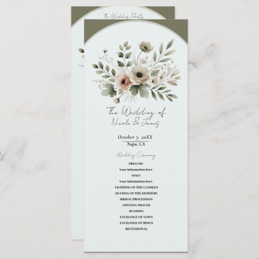 Programme Aquarelle vert d'olive kaki Mariage de fleurs (Devant / Derrière)