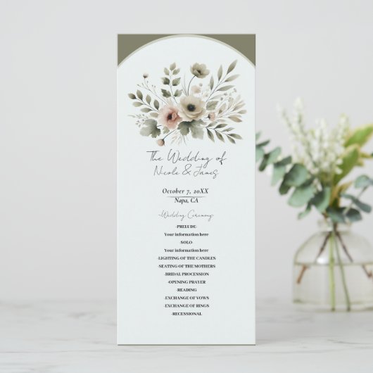 Programme Aquarelle vert d'olive kaki Mariage de fleurs (Debout devant)