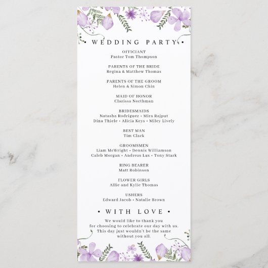 Programme Aquarelle violet Mariage Floral (Dos)