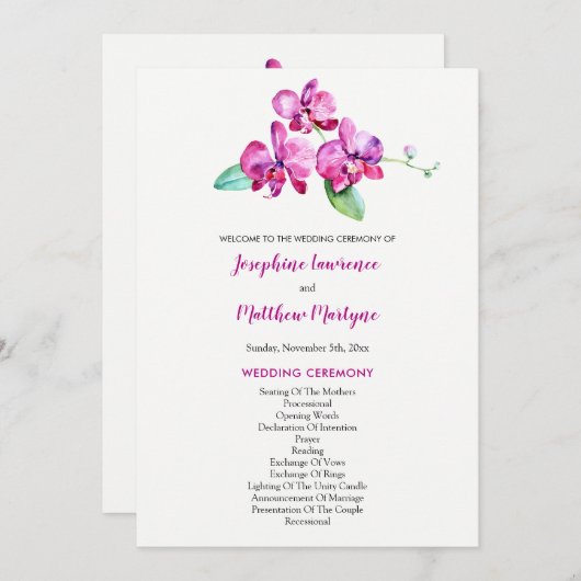Programme Aquarelle violet orchidée Mariage floral (Devant / Derrière)