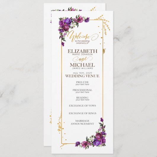 Programme Aquarelle violet rose chaud or Mariage Floral (Devant / Derrière)