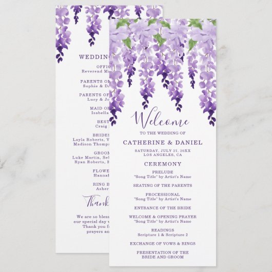 Programme Aquarelle Wisteria Purple Lilac Mariage Floral (Devant / Derrière)