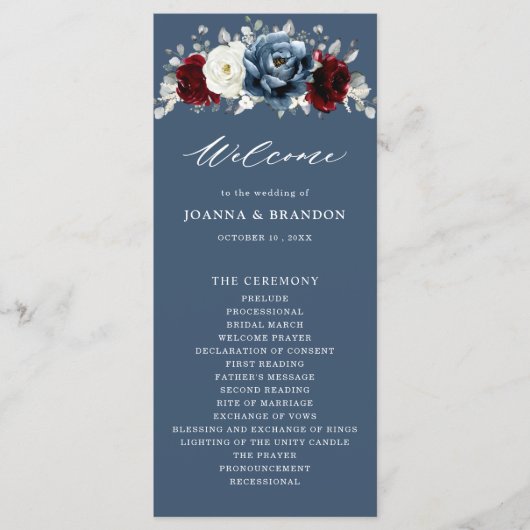 Programme Ardoise Burgundy Blanc Ivory Floral Mariage Pr (Devant)