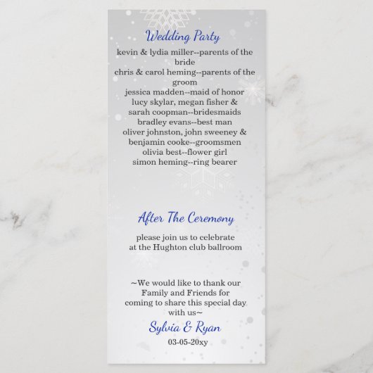 Programme argent royal bleu snowflakes mariage d'hiver (Dos)