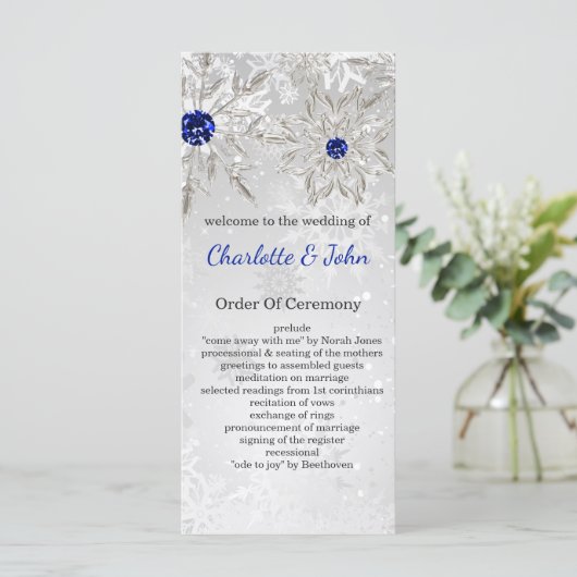 Programme argent royal bleu snowflakes mariage d'hiver (Debout devant)