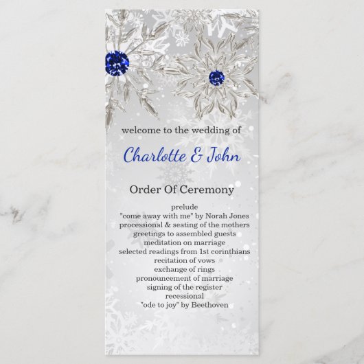 Programme argent royal bleu snowflakes mariage d'hiver (Devant)