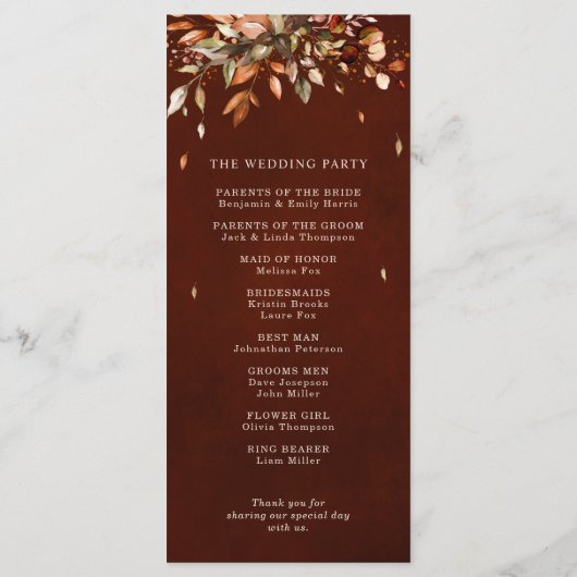 Programme Automne Feuilles Russe Pays Boho Mariage (Dos)