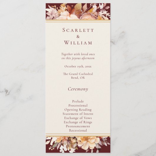 Programme Automne Floral Bourgogne Crème Simple Mariage (Devant)