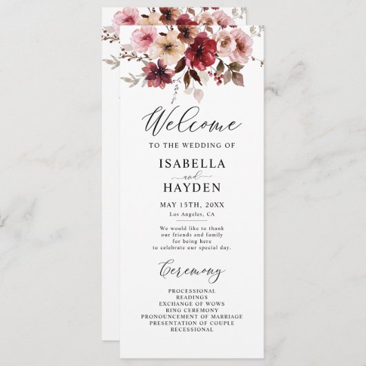 Programme Automne Maroon Blush Boho Floral Mariage Flat Prog (Devant / Derrière)
