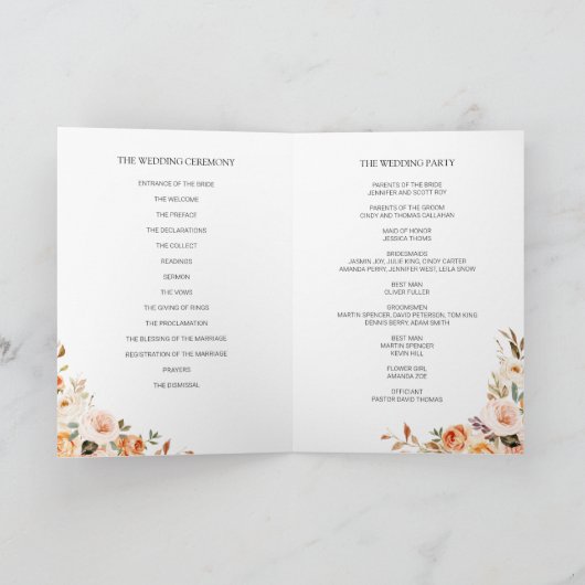 Programme Automne Terracotta Orange Fleurs Mariage Plié (Intérieur)