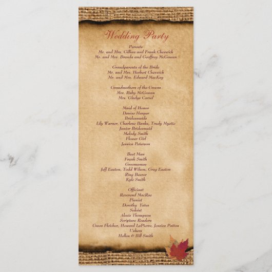 Programme Autumn Leaves FAUX Burlap Wedding Program - Vin (Dos)