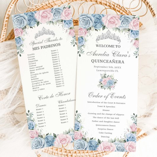 Programme Baby Blue and Pink Floral Quinceañera Order Events