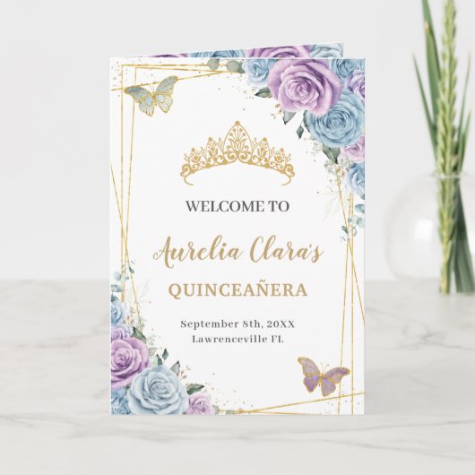 Programme Baby Blue Lilac Floral Quinceañera Ordre des événe (Devant)