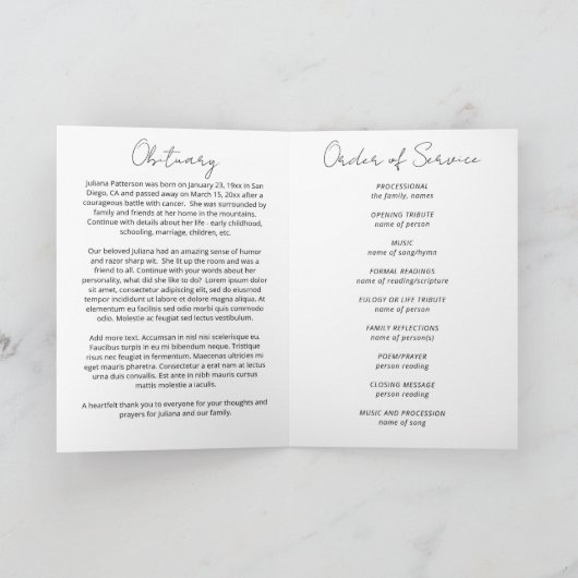 Programme Belle Ocean Beach Célébration de la vie funéraire (Intérieur)