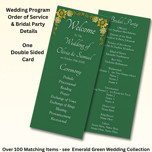 Programme Bienvenue à la cérémonie de mariage, vert émeraude