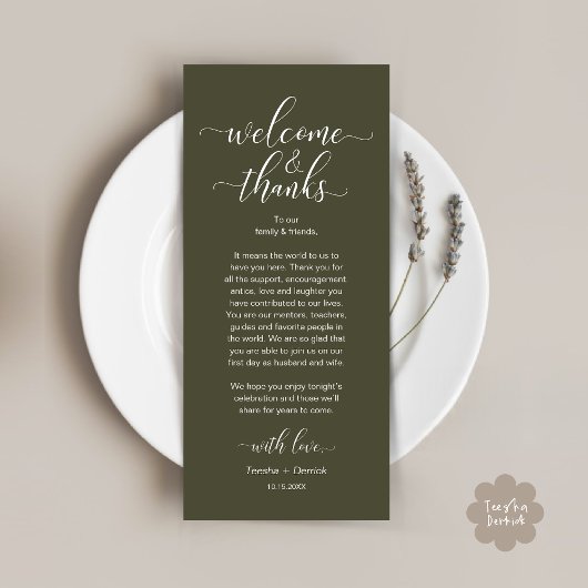 Programme Bienvenue et merci Mariage Place Setting Card