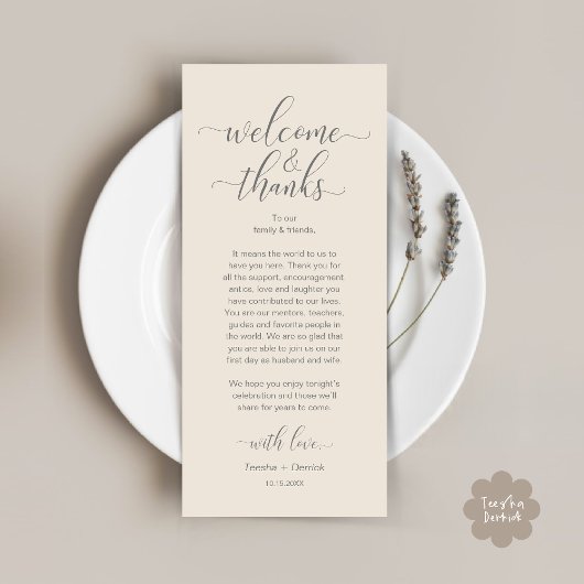 Programme Bienvenue et merci Mariage Place Setting Card