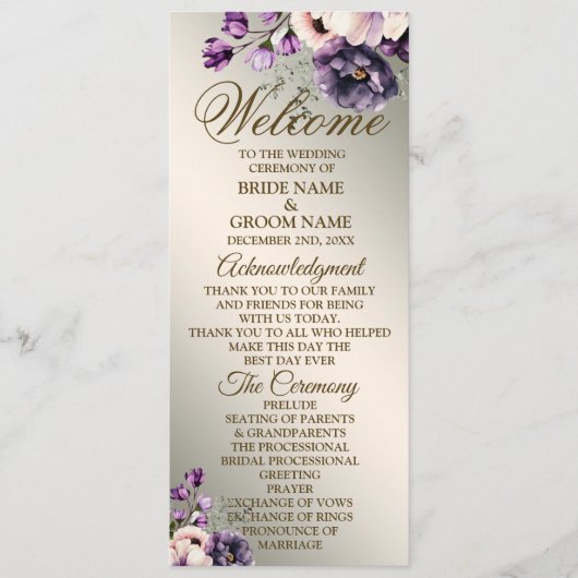 Programme Bienvenue Mariage Fleurs violettes rose or (Devant)