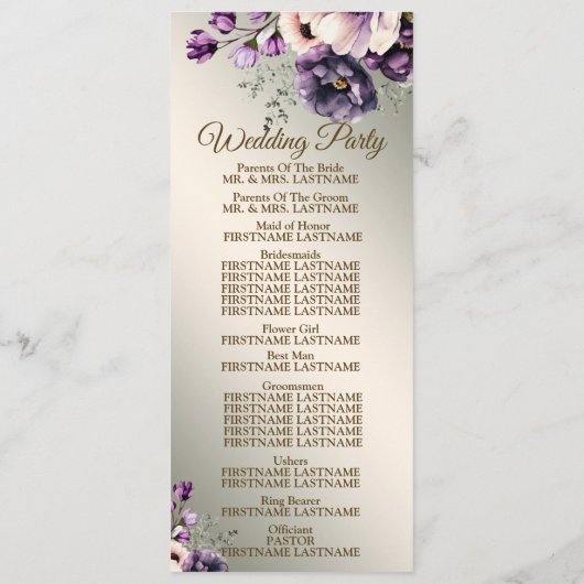 Programme Bienvenue Mariage Fleurs violettes rose or (Dos)