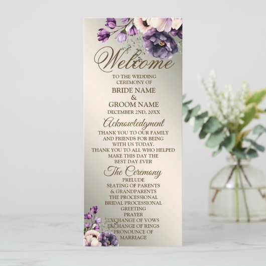 Programme Bienvenue Mariage Fleurs violettes rose or (Debout devant)