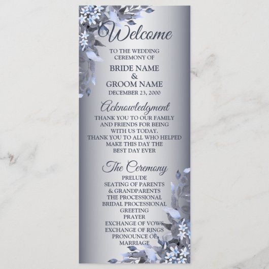 Programme Bienvenue Mariage Marine Bleu Floral Argent Élégan (Devant)