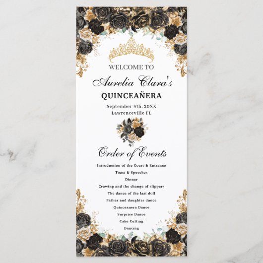 Programme Black and Gold Floral Quinceañera Order Events (Devant)