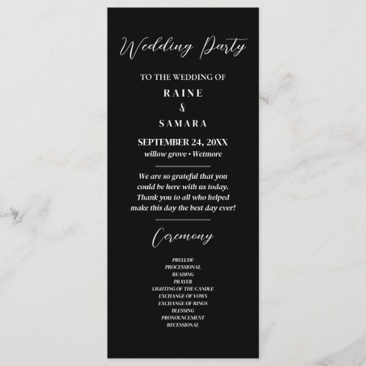 Programme Black and White Elegant Wedding Party Program (Devant)