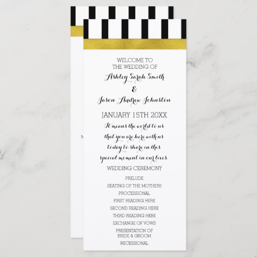 Programme Black and White Stripes Gold Wedding Program (Devant / Derrière)