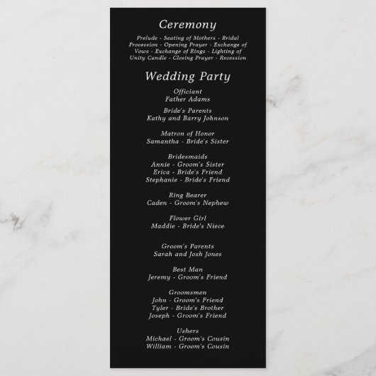 Programme Black Background White Script Elegant Wedding  (Dos)
