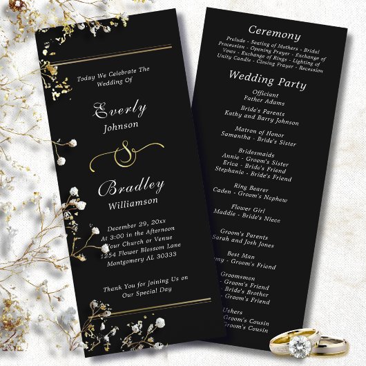 Programme Black Background White Script Elegant Wedding 