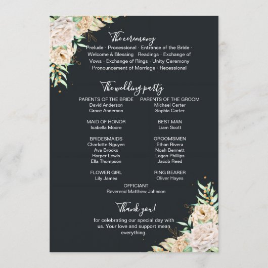 Programme Black Floral Wedding Program & Timeline Card (Dos)
