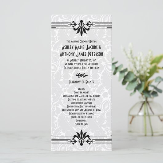 Programme Black White Roaring 20s Art Déco Wedding Program (Debout devant)